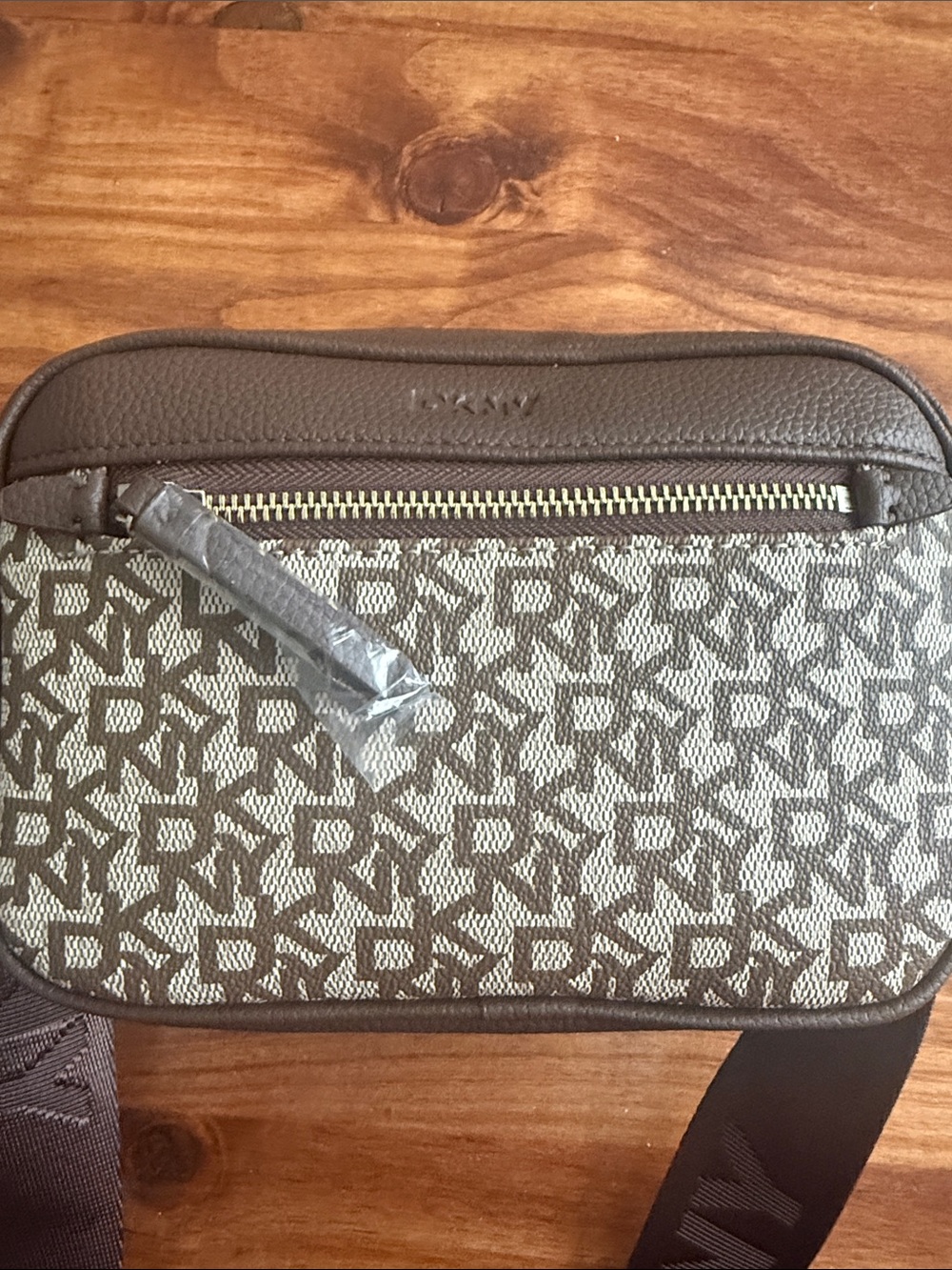 DKNY Brown and Beige Monogram Belt Bag with Gold-Tone Zip